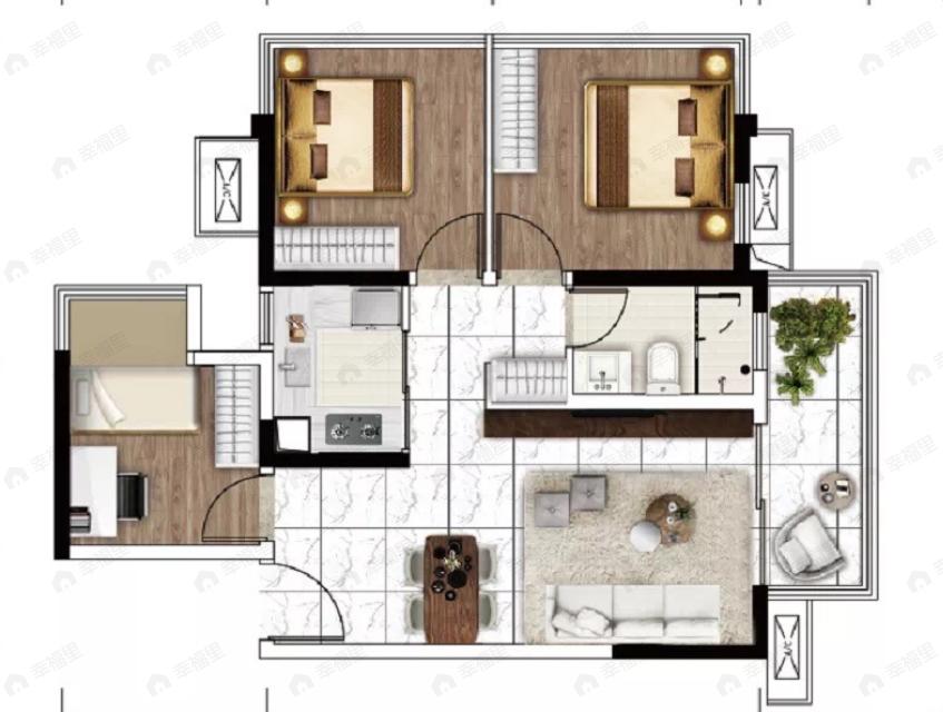 南宁江南中心3室2厅1卫户型图