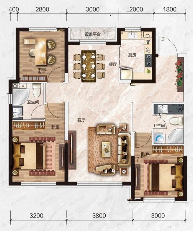 汇龙花溪半岛3室2厅2卫户型图