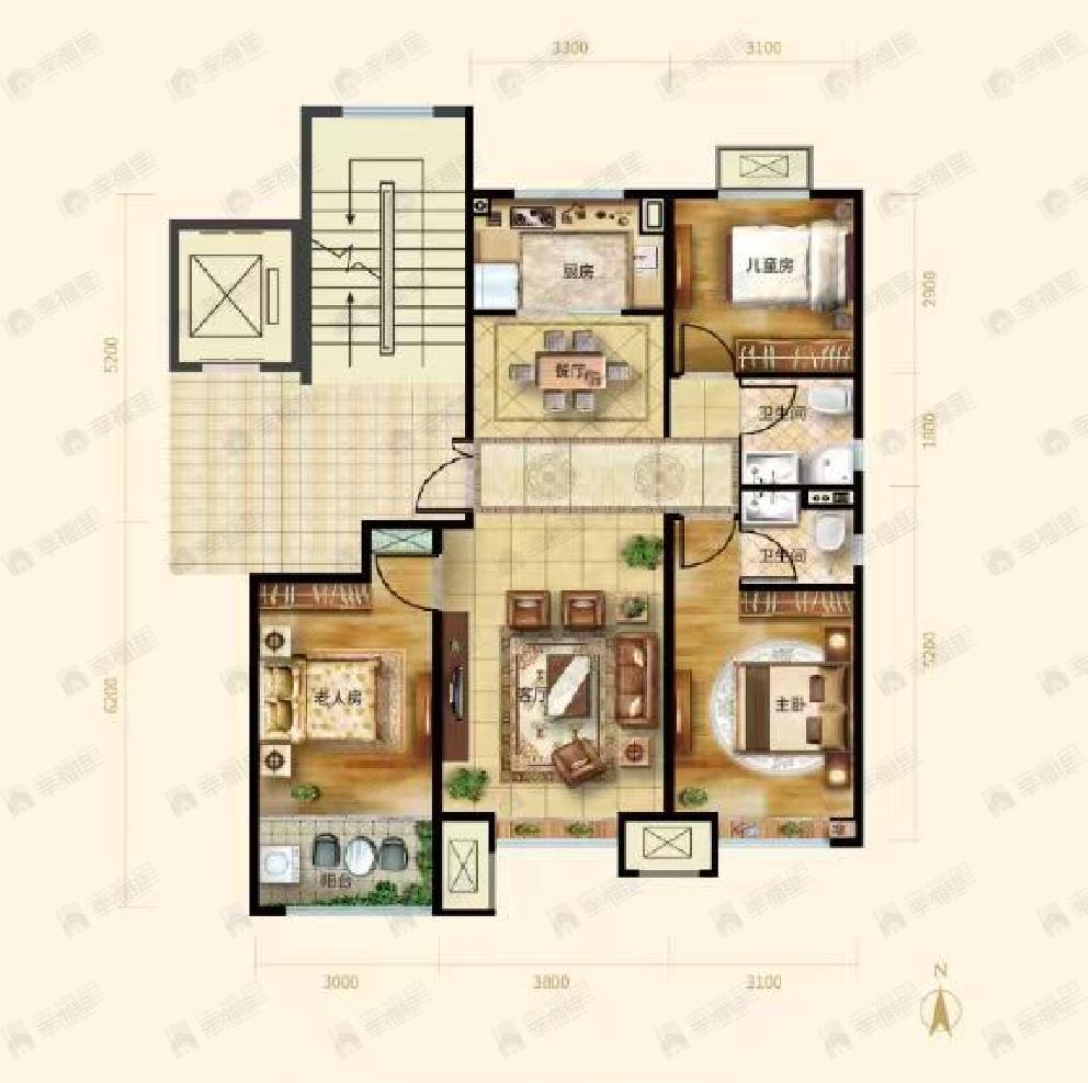 天成云玺3室2厅2卫户型图