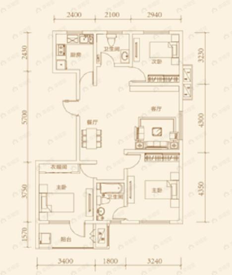 望京花园3室2厅2卫户型图