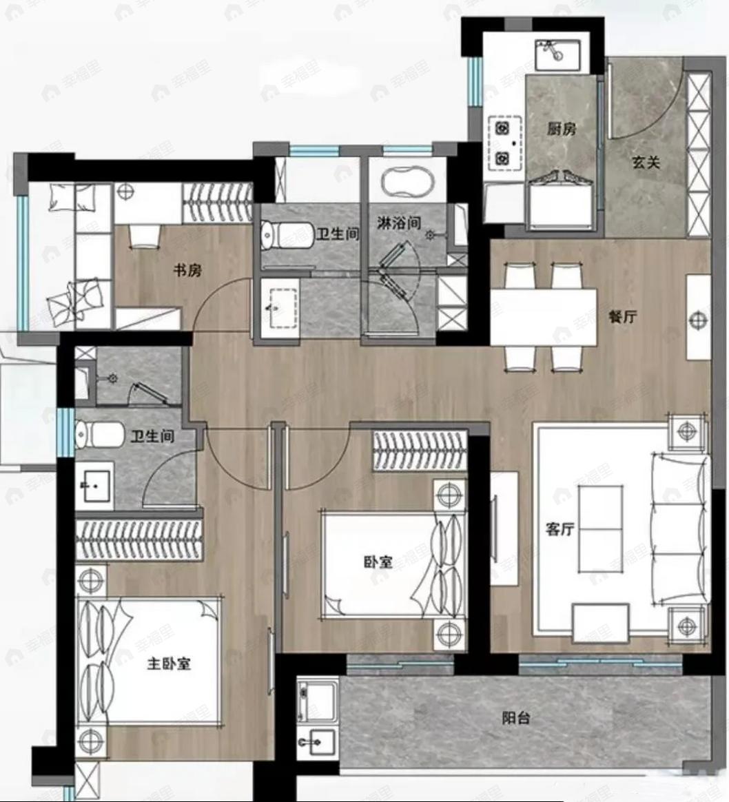 3室2厅2卫建面99平北|南户型图