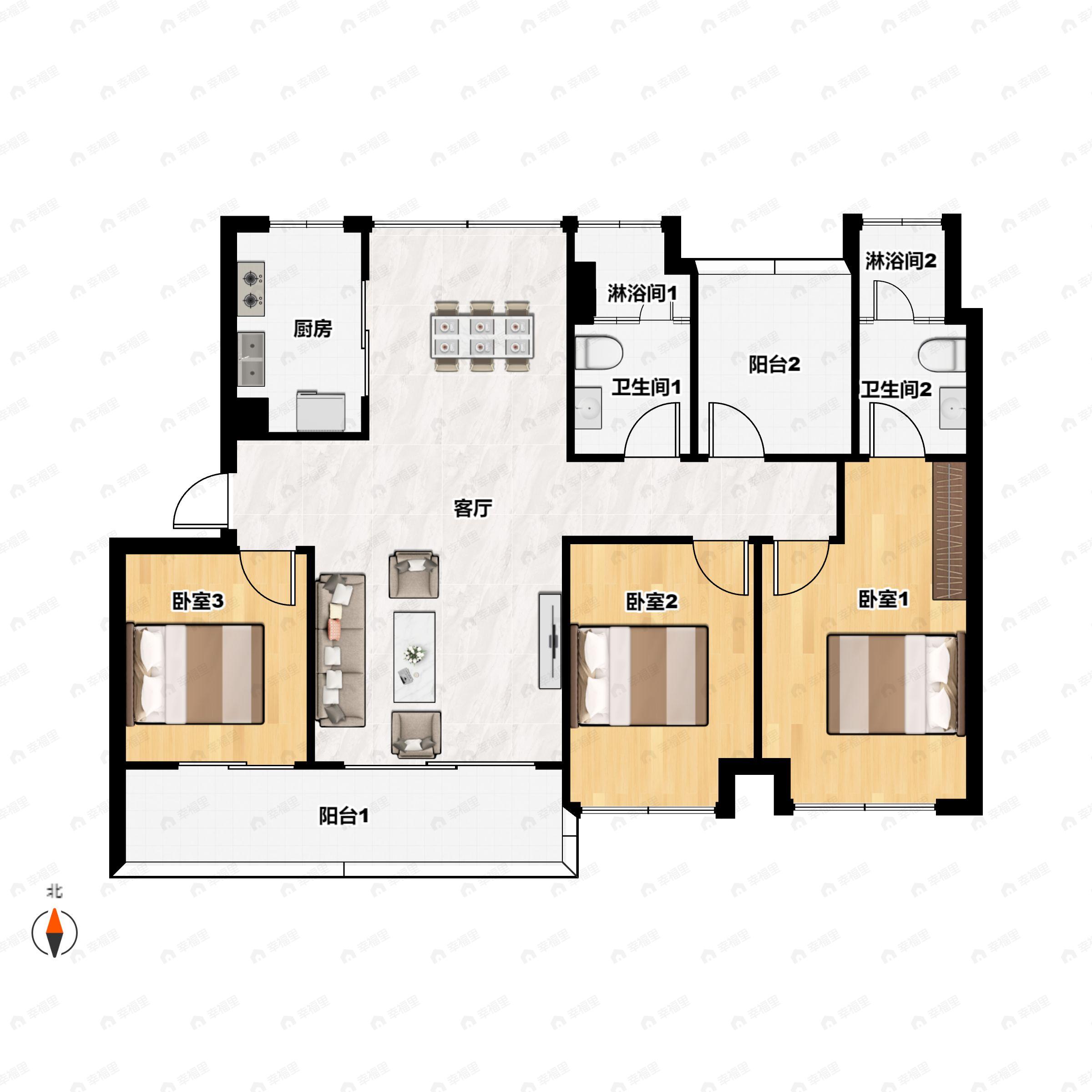 3室2厅2卫建面110平南户型图