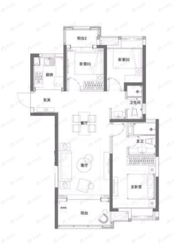 禹洲朗廷元著3室2厅2卫户型图