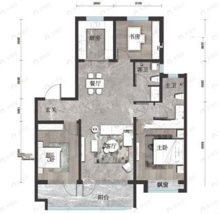 鸿辰·黄山壹品3室2厅2卫户型图