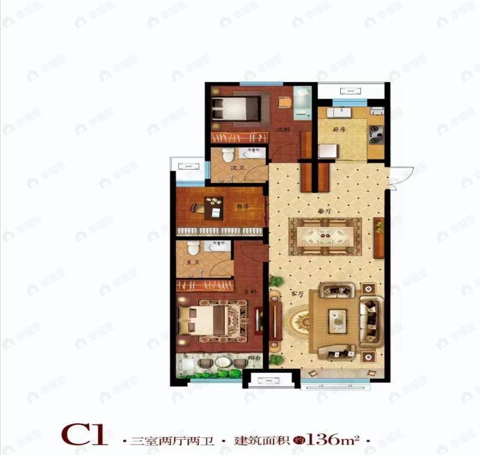3室2厅2卫建面136平户型图