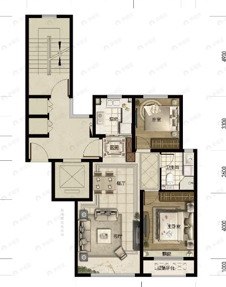 中梁中朵拾光里2室2厅1卫户型图
