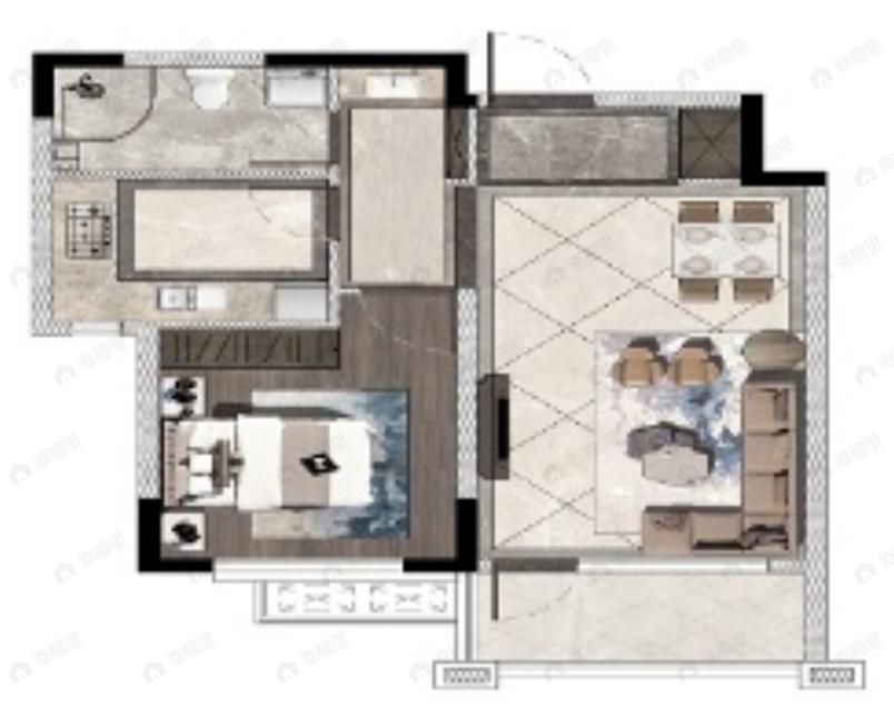 1室2厅1卫建面65m²南户型图