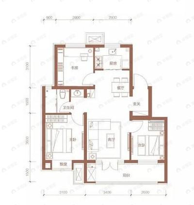 3室2厅1卫建面90平南|北户型图