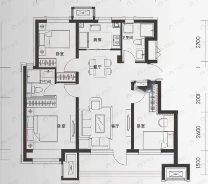 保利时代3室2厅2卫户型图