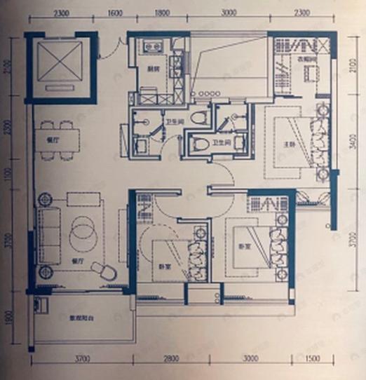 3室2厅2卫建面98平户型图