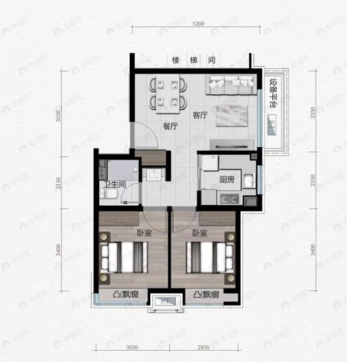橡树湾2室2厅1卫户型图