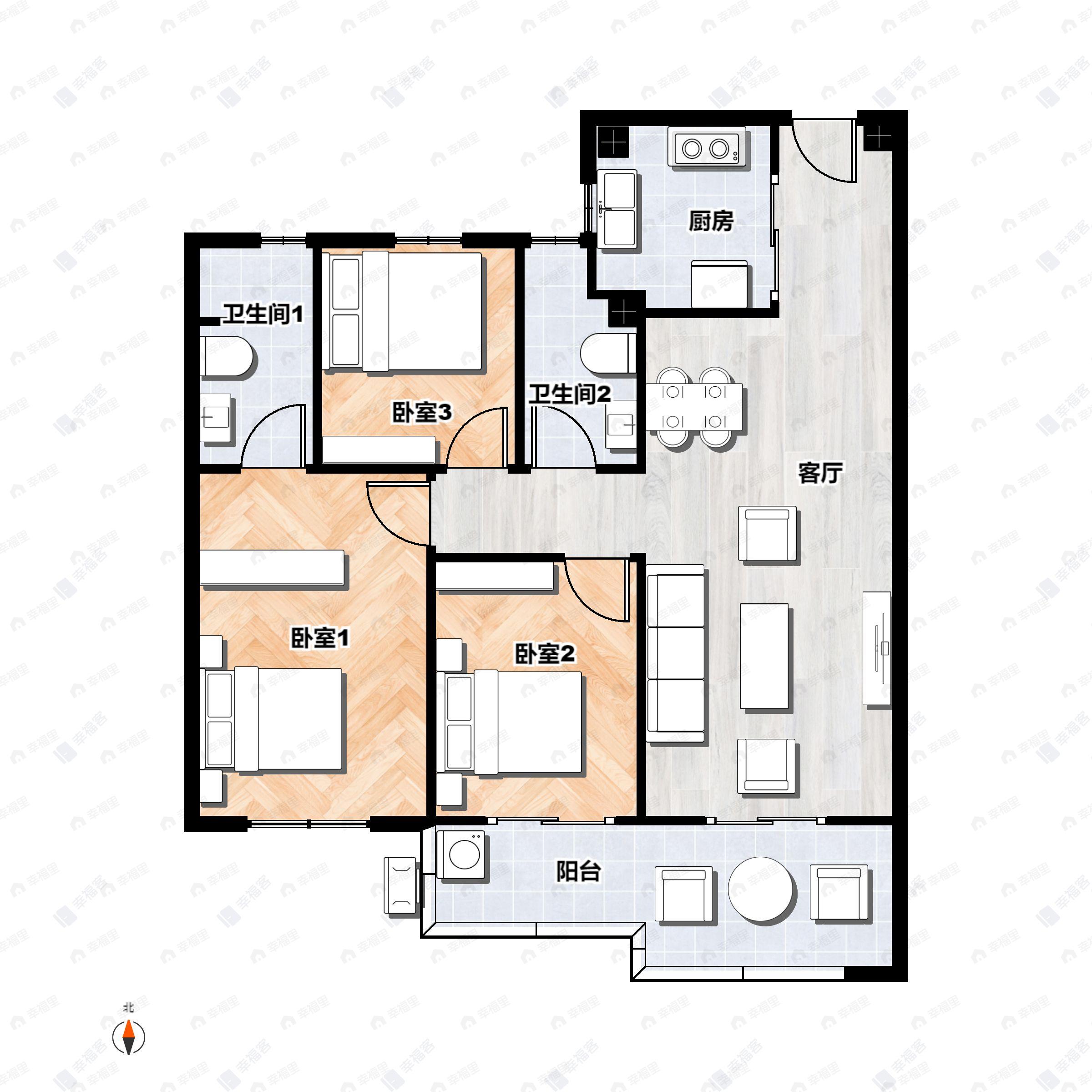3室2厅2卫建面87平户型图