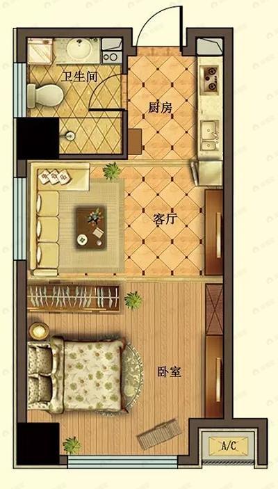 假日云鼎中心1室1厅1卫户型图