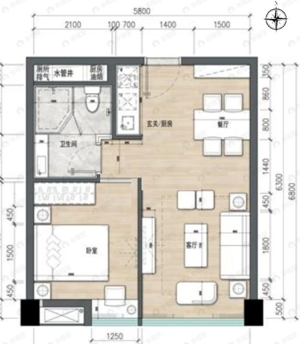 嘉华广场1室2厅1卫户型图