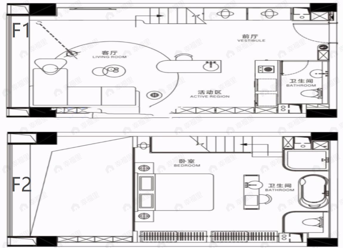 1室2厅2卫建面64平西户型图