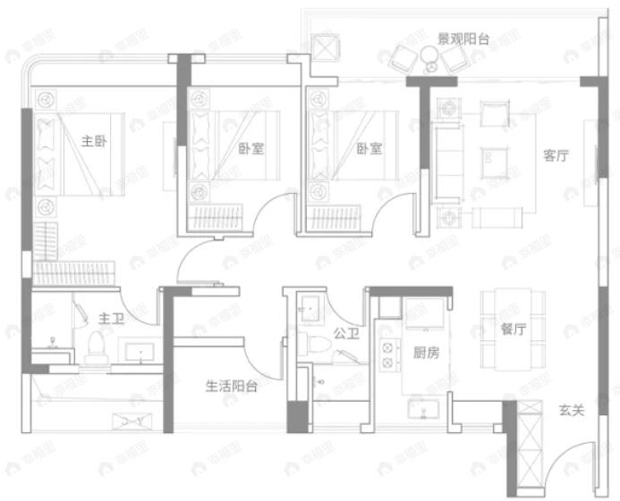 中建玖玥湾3室2厅2卫户型图
