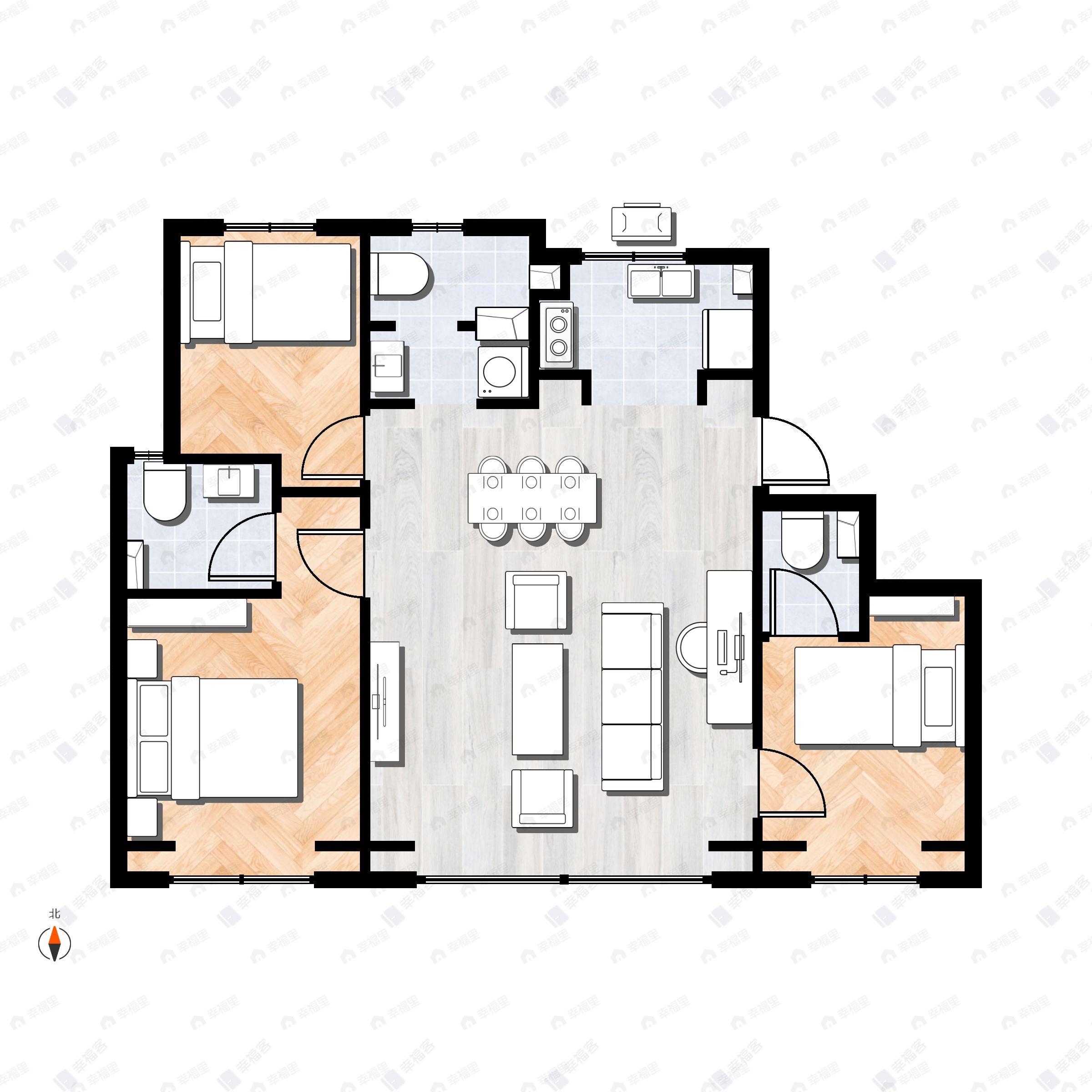 3室2厅3卫建面122平南|北户型图