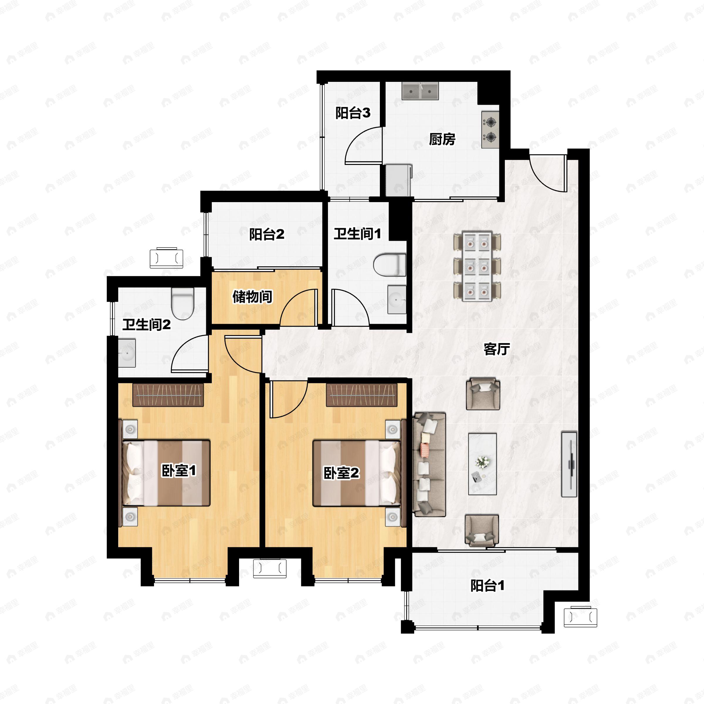 3室2厅2卫建面103m²南户型图