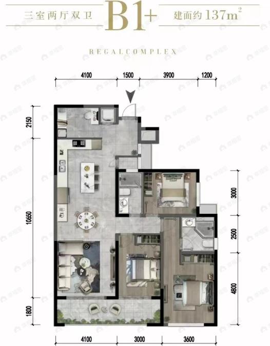 华府金沙名城3室2厅2卫户型图