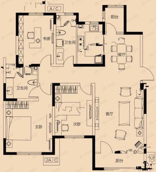 3室2厅2卫建面140平南户型图