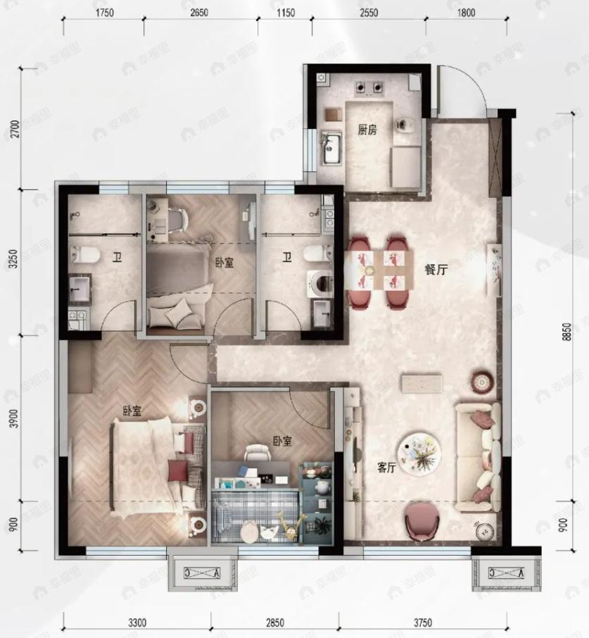 呼和浩特碧桂园星耀3室2厅2卫户型图