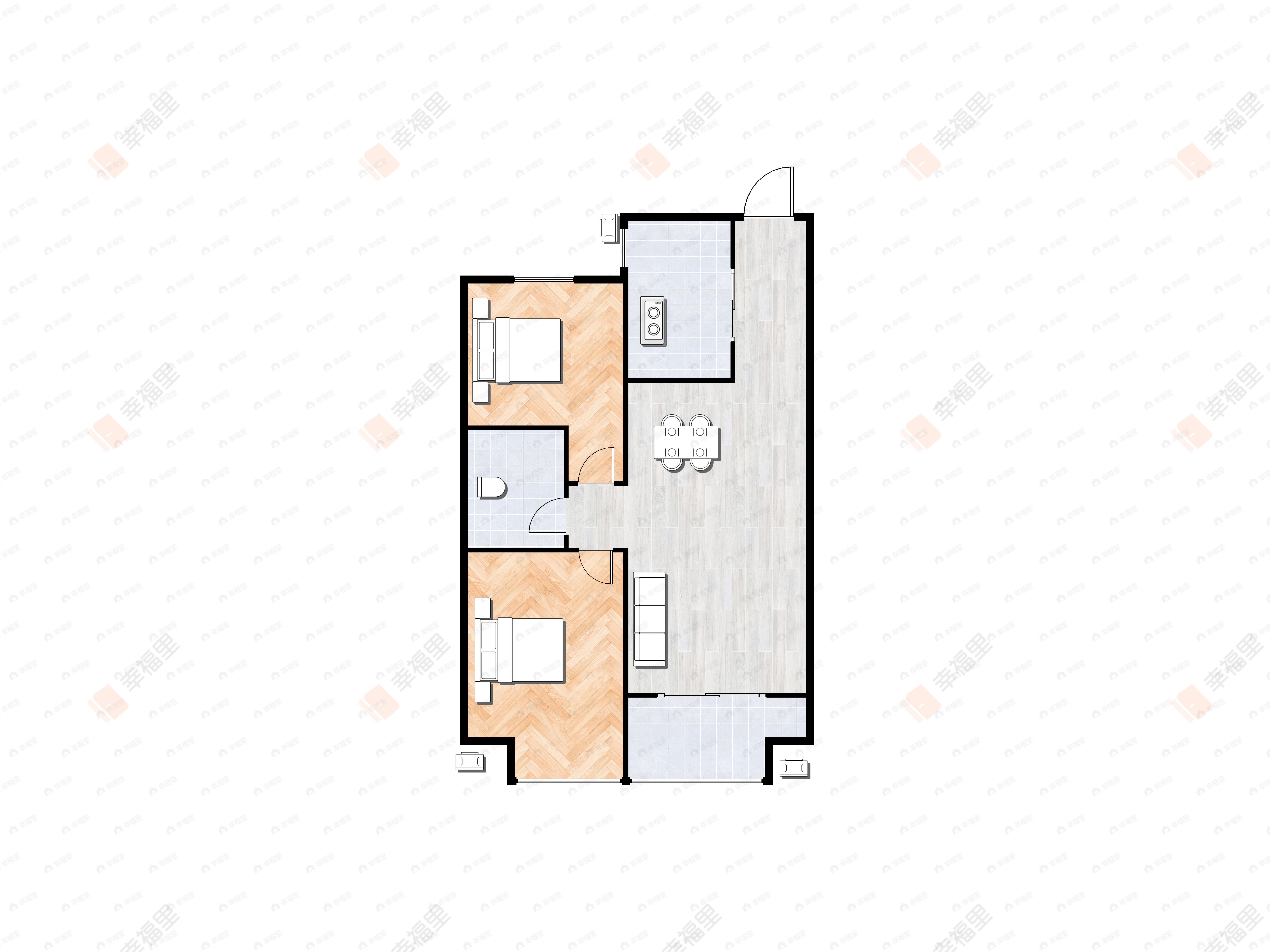 2室2厅1卫建面88m²北|南|西户型图