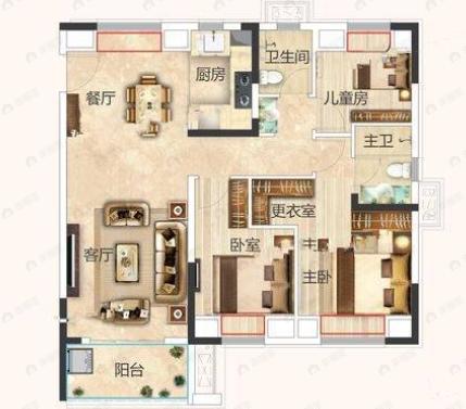 北辰孔雀城航天府3室2厅2卫户型图