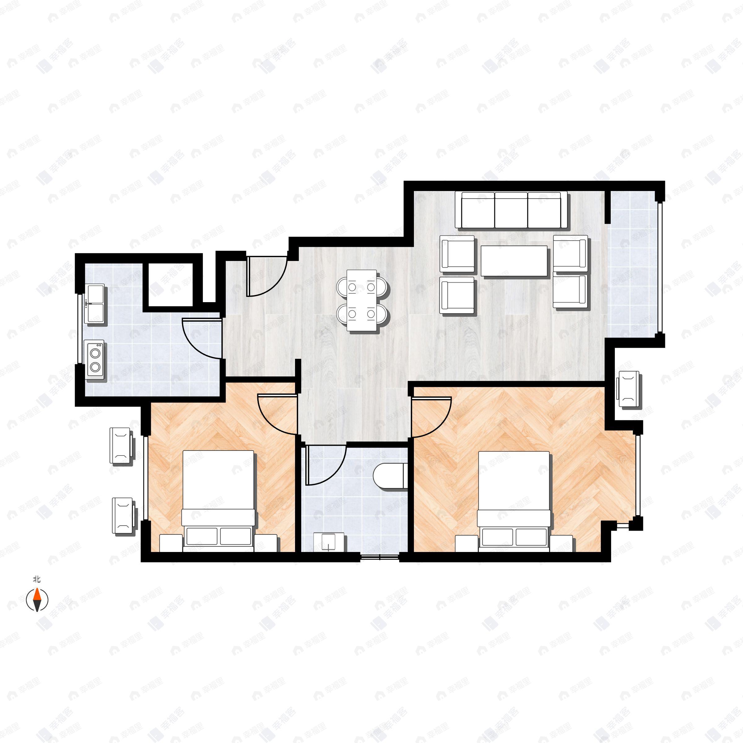 2室2厅1卫建面75m²南户型图