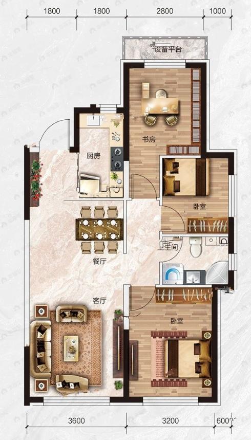 汇龙花溪半岛3室2厅1卫户型图