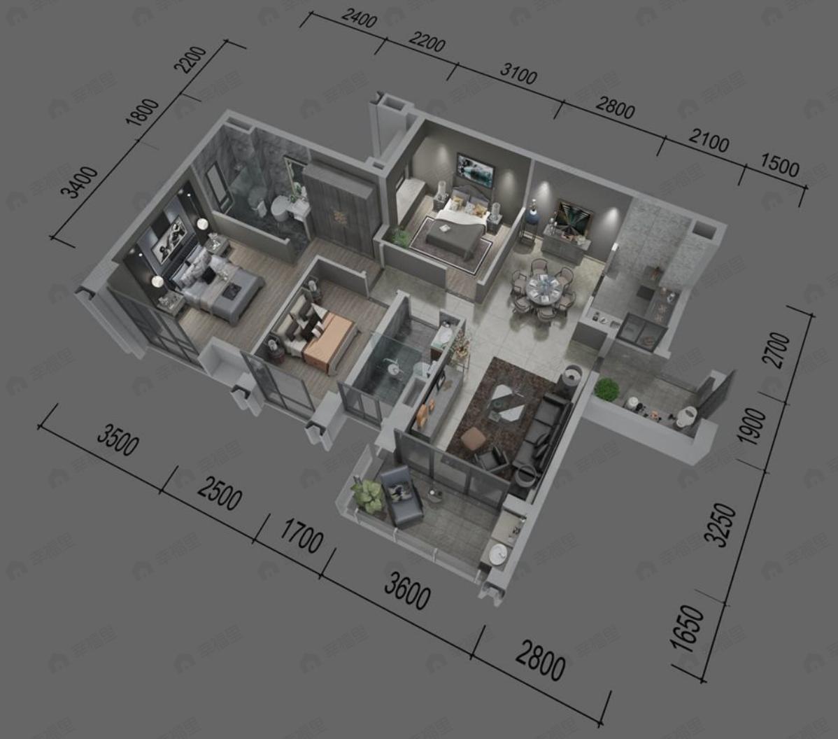 3室2厅2卫建面102m²西南户型图