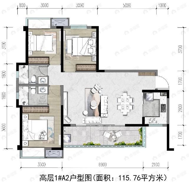 中铁城鉴湖栖郡3室2厅2卫户型图
