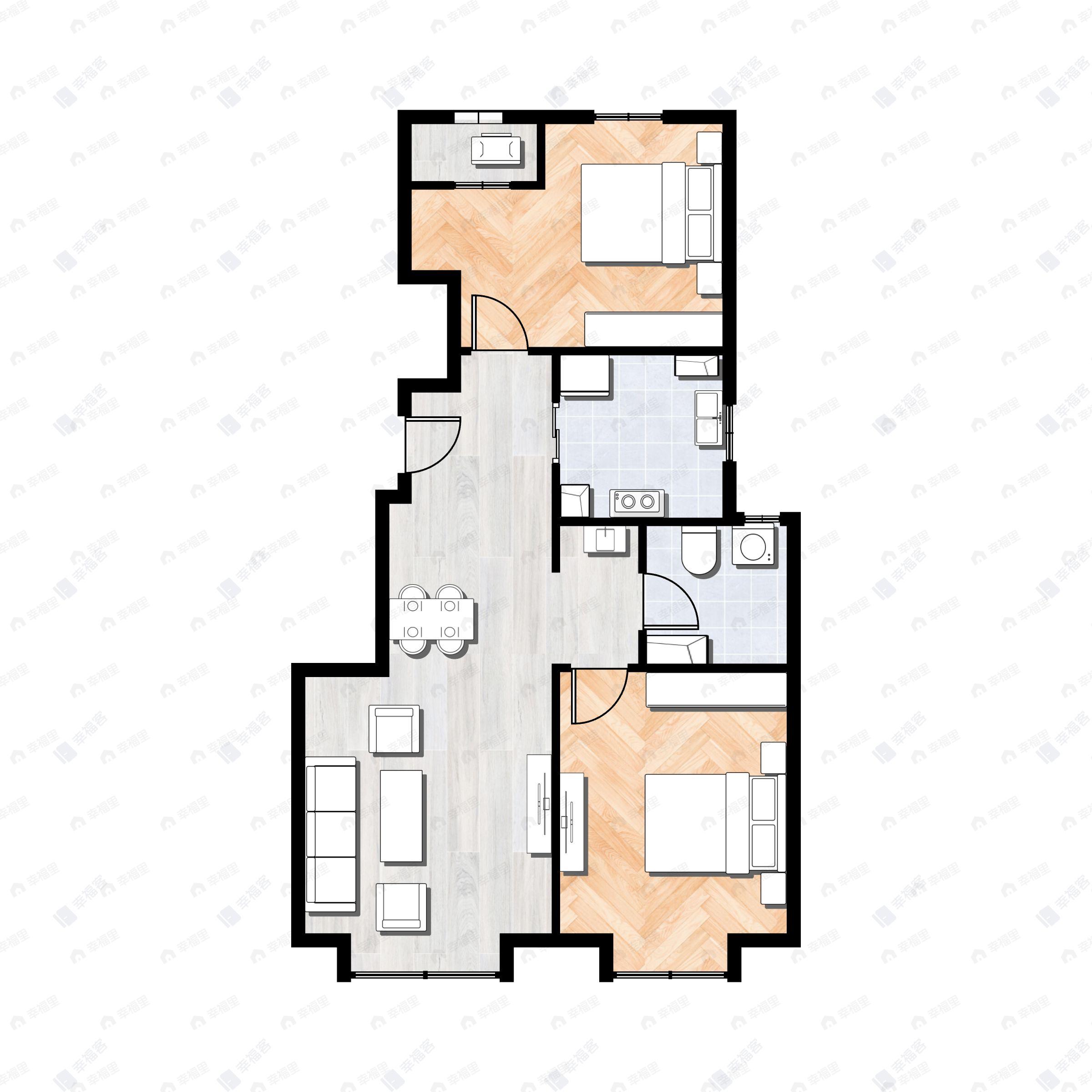 2室2厅1卫建面75m²北|南户型图