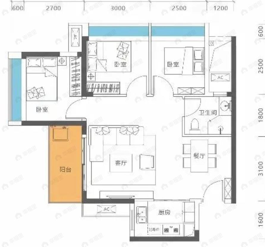 牧云溪谷毓山郡3室2厅1卫户型图