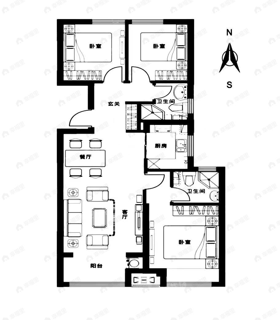 3室2厅2卫建面116平北|南户型图
