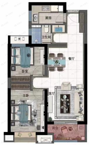 西安金辉城(西咸新区)2室2厅1卫户型图