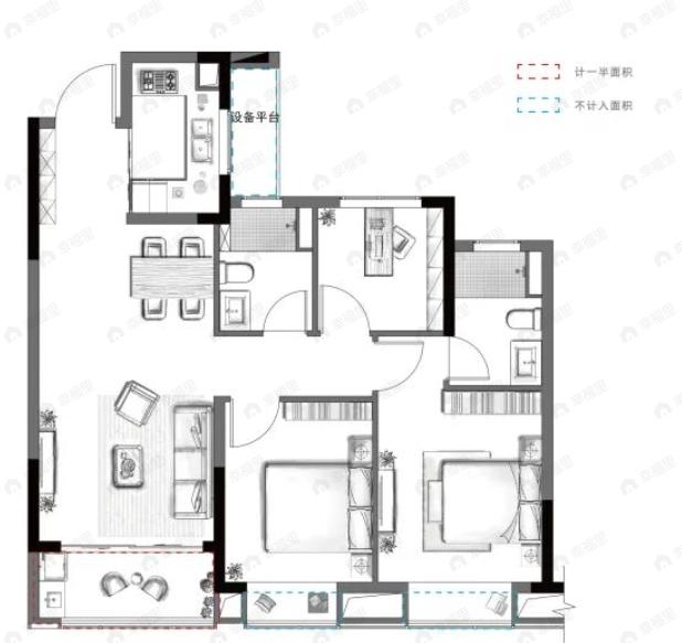荷塘名邸3室2厅2卫户型图