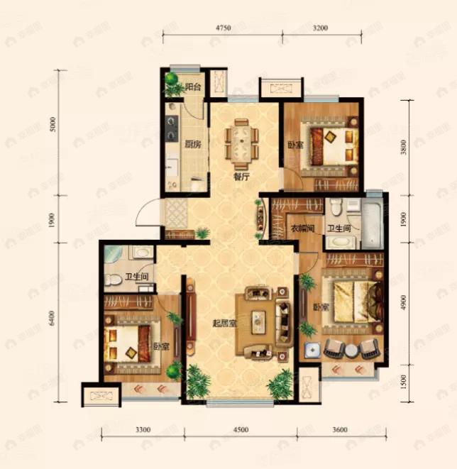 3室2厅2卫建面135平户型图