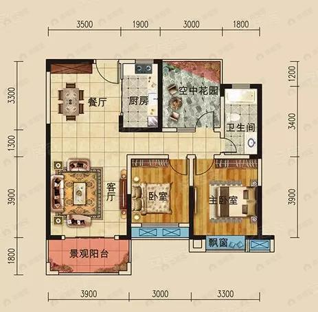 2室2厅1卫建面103平户型图