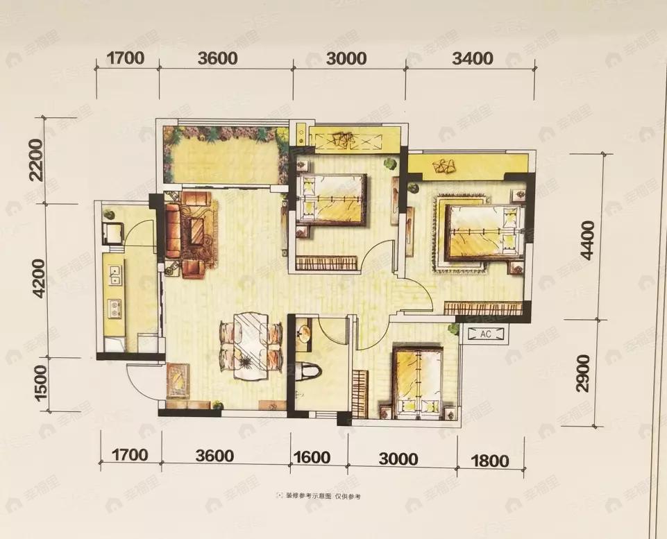 3室2厅1卫建面80平户型图