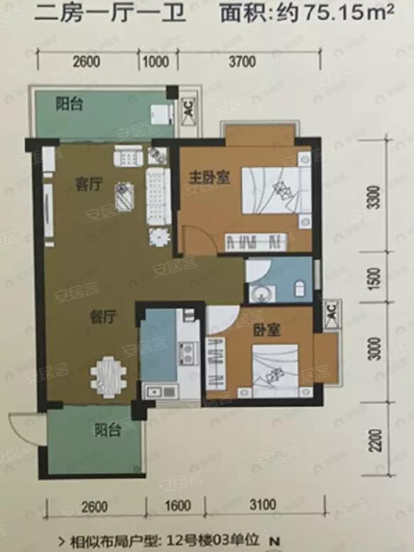 2室1厅1卫建面75平户型图