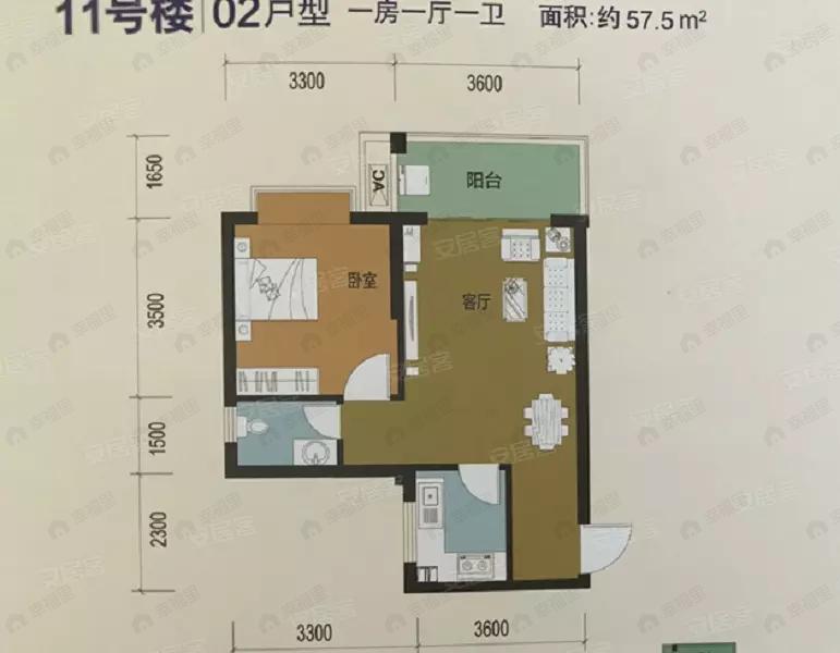 1室1厅1卫建面57平户型图