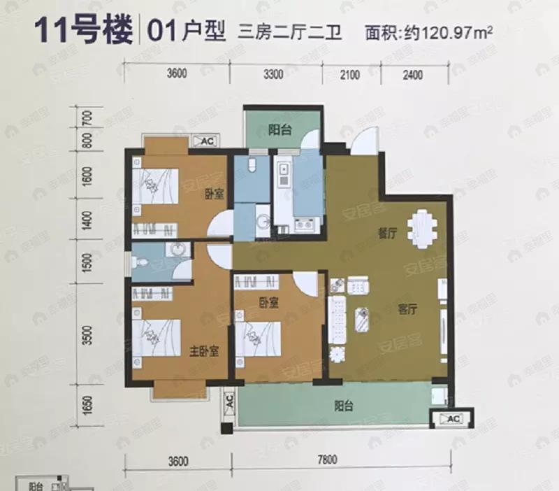 3室2厅2卫建面120平户型图
