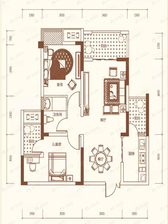 2室2厅1卫建面78平户型图