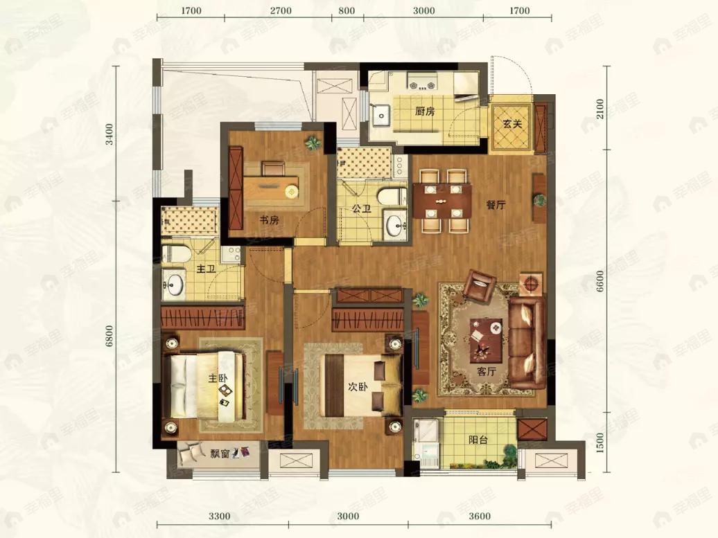 3室2厅2卫建面89平户型图