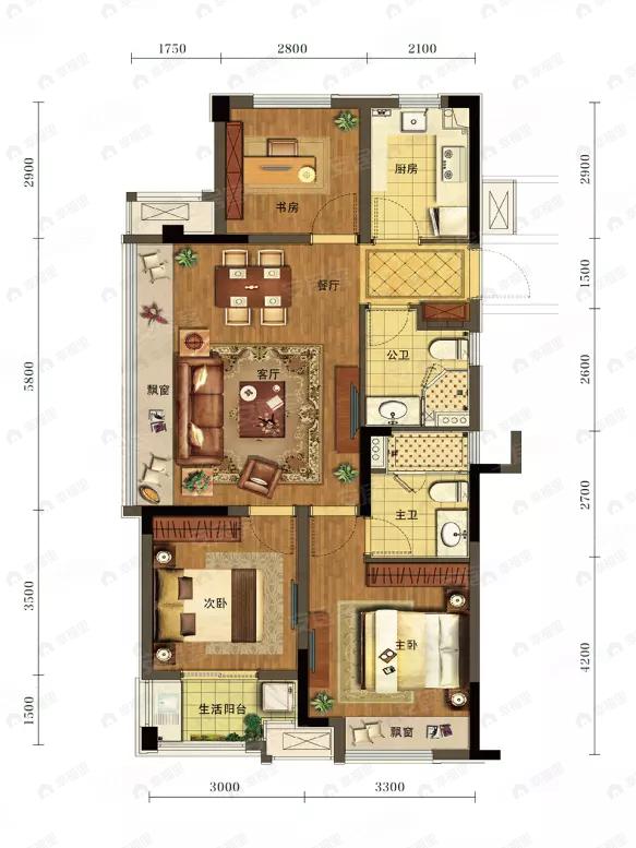 3室2厅2卫建面89平户型图