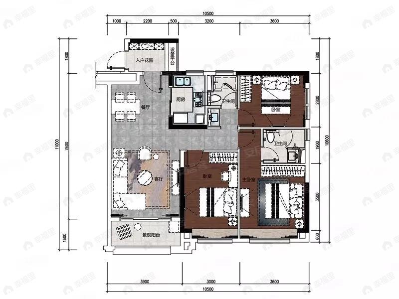 3室2厅2卫建面104平户型图