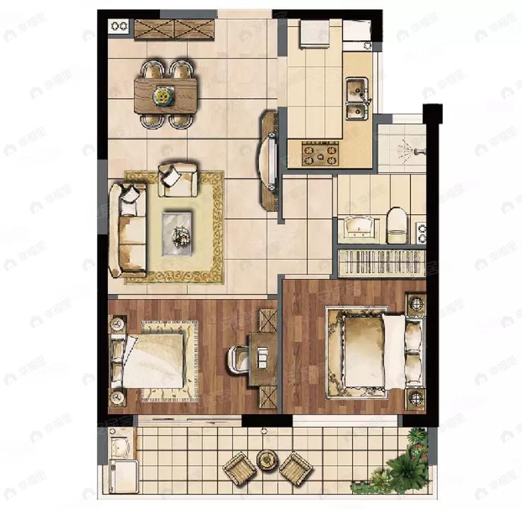 2室2厅1卫建面74平南户型图
