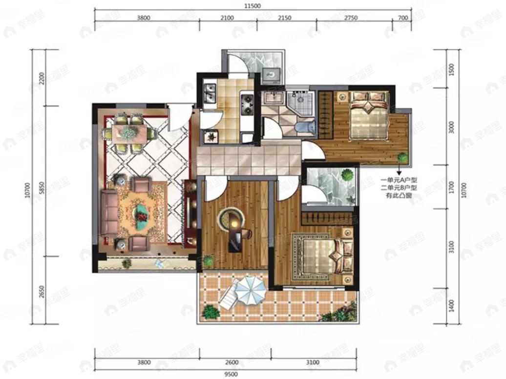 3室2厅2卫建面88平户型图