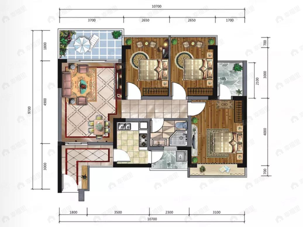 3室2厅2卫建面87平户型图