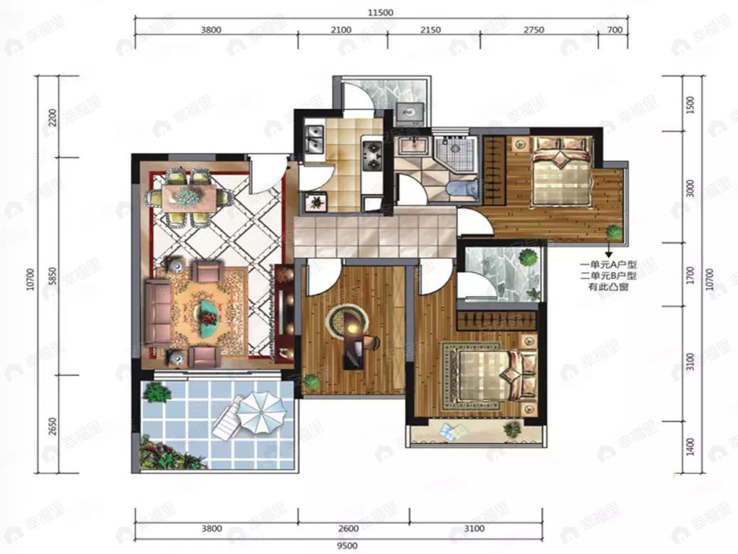 3室2厅2卫建面88平户型图